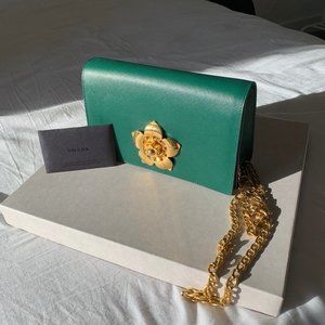 Prada Green Saffiano Bag with gold flower